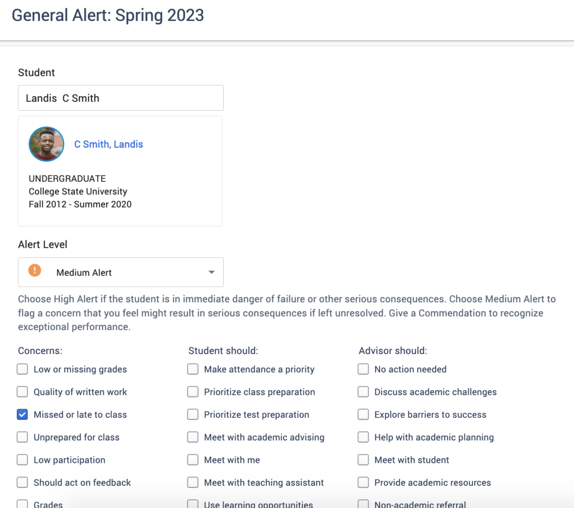 Screenshot: Train staff to respond to alerts in the context of all known student information.